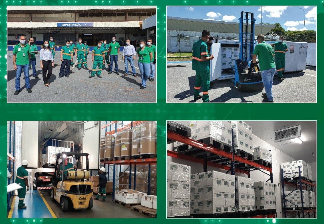 Operação de armazém logístico com equipamentos de movimentação para cargas farmacêuticas