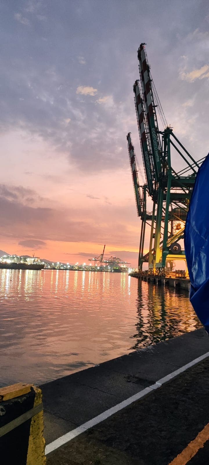 Porto de Santos com terminal de containers em operação, principal porta de entrada de cargas marítimas internacionais para o Brasil